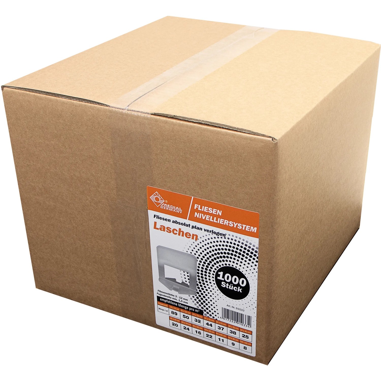 Karton mit 1000 Medial Laschen für Fliesen (3-12mm Stärke). Ideal für präzises Verlegen.
