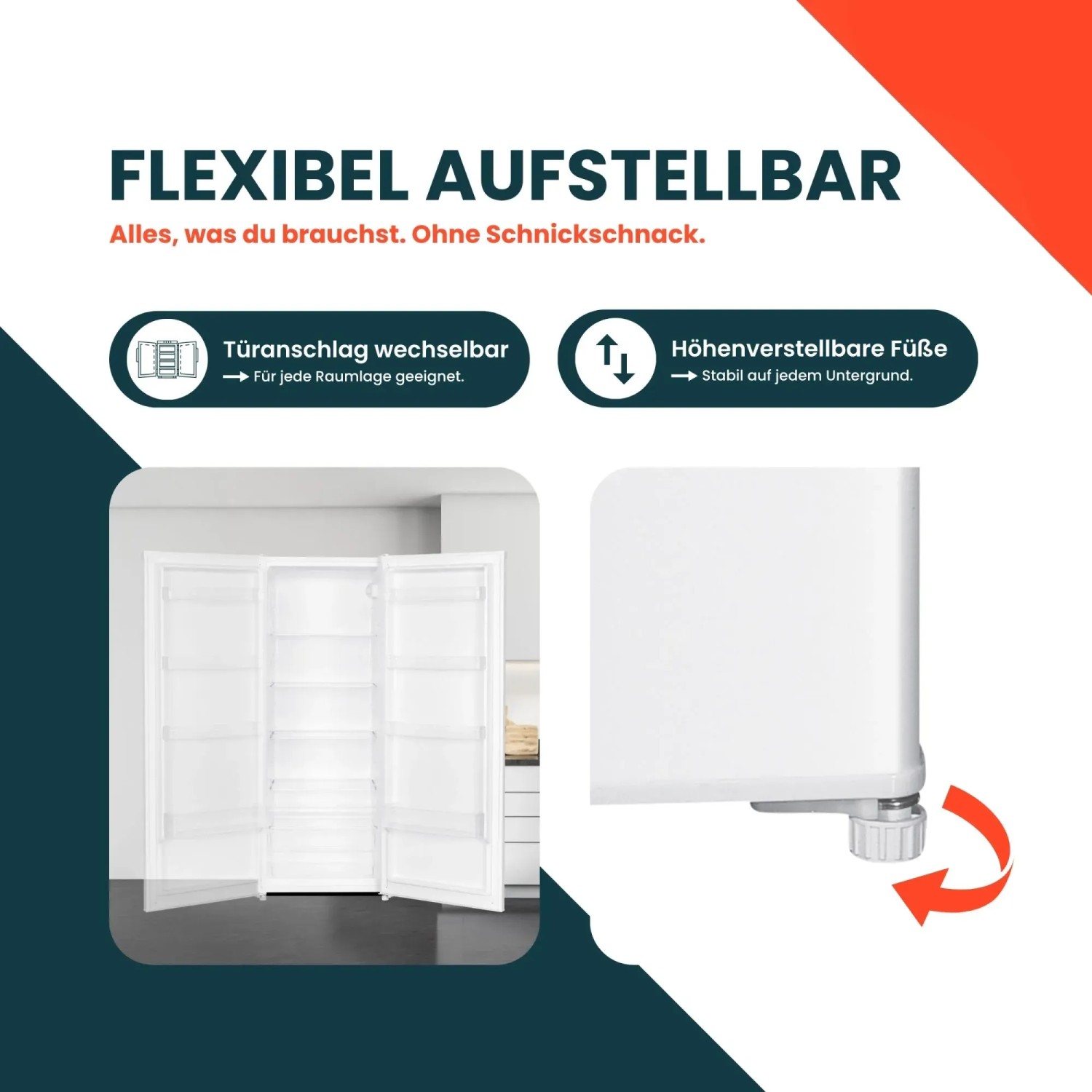 Flexibler, weißer homeX Kühlschrank ohne Gefrierfach mit verstellbaren Füßen und wechselbarem Türanschlag.