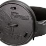 Schwarzer Petromax Dutch Oven FT9 mit Deckel und Füßen, ideal zum Kochen und Backen im Freien.