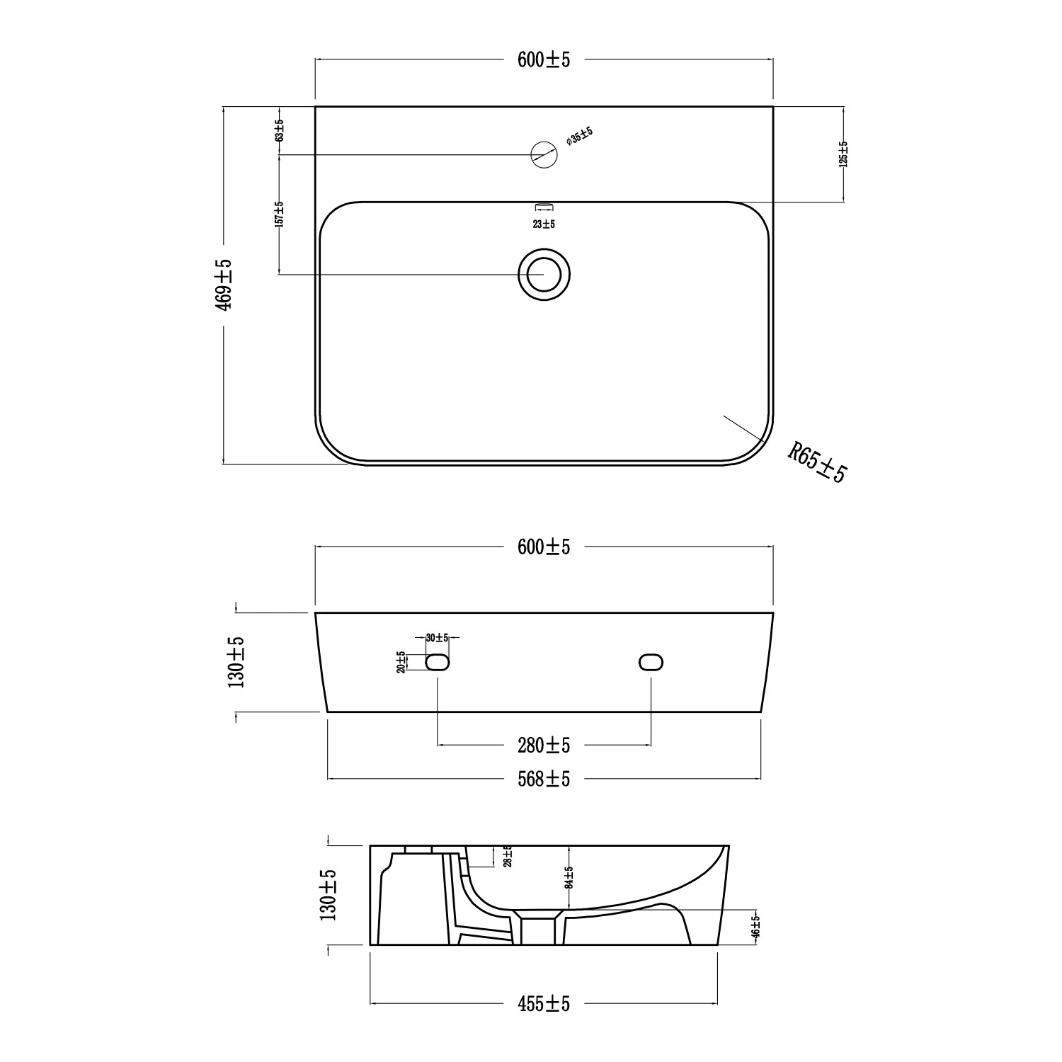 Technische Zeichnung: Baliv Wand- & Aufsatzwaschtisch Rockport, 60 cm, weiße Keramik, Maße und Details.