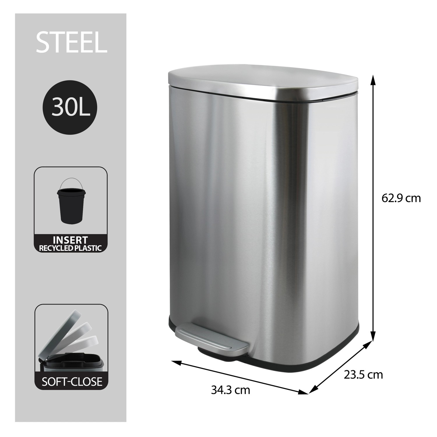 Spirella Kosmetikeimer Akira, 30 l, Edelstahl mit Pedal und Soft-Close-Deckel.