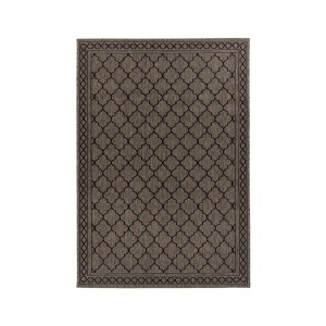 Rechteckiger, braun-grauer MeGusta Flachflor Teppich 80x150 cm mit schwarzem Muster.