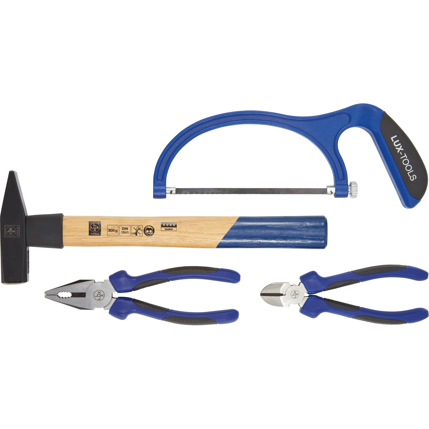 Werkzeugset von LUX-Tools aus dem Werkzeugkoffer Comfort: Hammer, Säge, Kombizange und Seitenschneider.