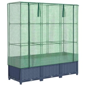 vidaXL Hochbeet dunkelgrau in Rattan-Optik mit grünem Gewächshaus-Aufsatz. Ideal für Pflanzen & Gemüse.