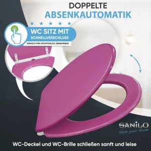 Pinker SANILO WC-Sitz mit doppelter Absenkautomatik und Schnellverschluss. Einfache Top Fix Montage für Ihr Bad.