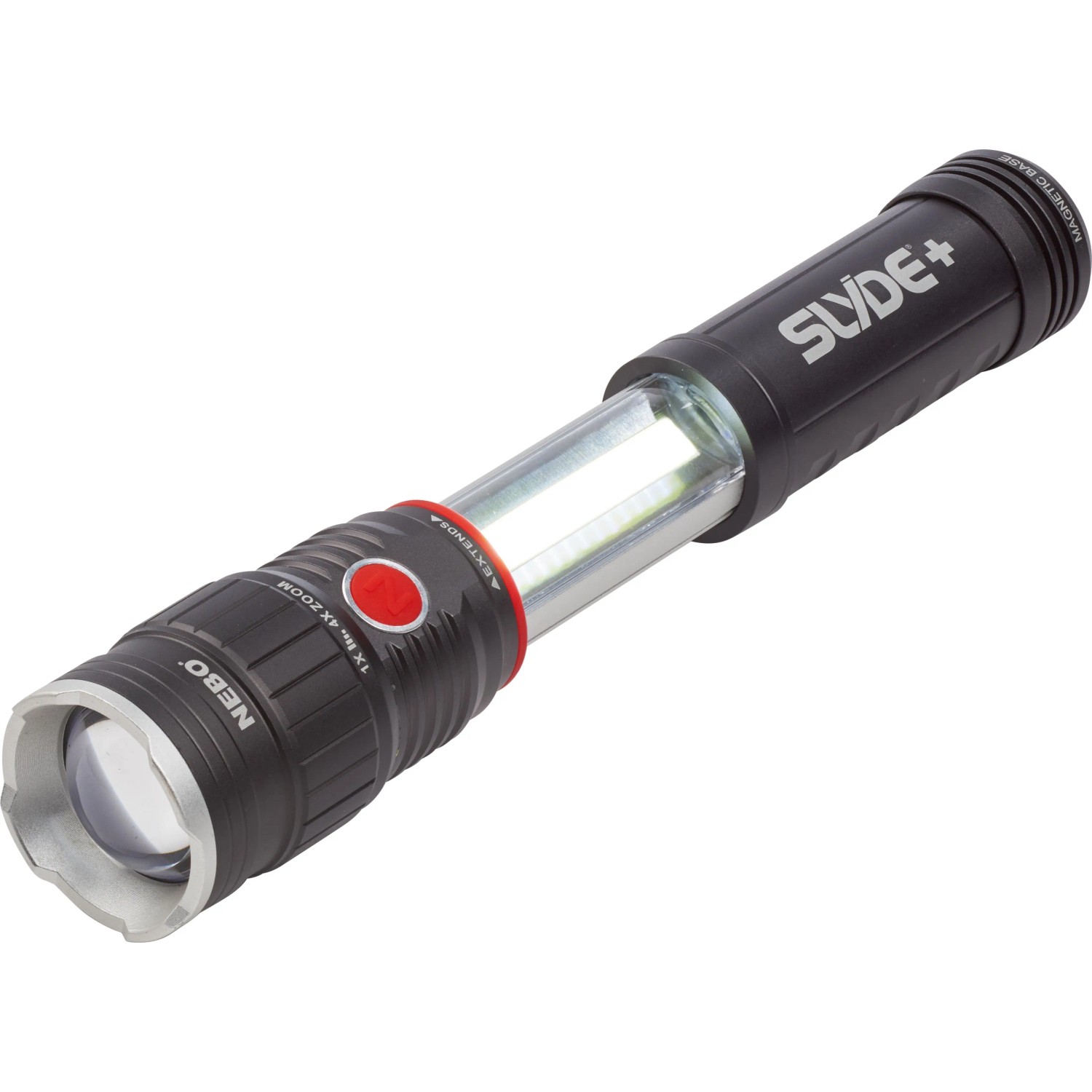 NEBO Slyde LED-Taschenlampe mit ausziehbarer Arbeitsleuchte, robustes Aluminiumgehäuse.