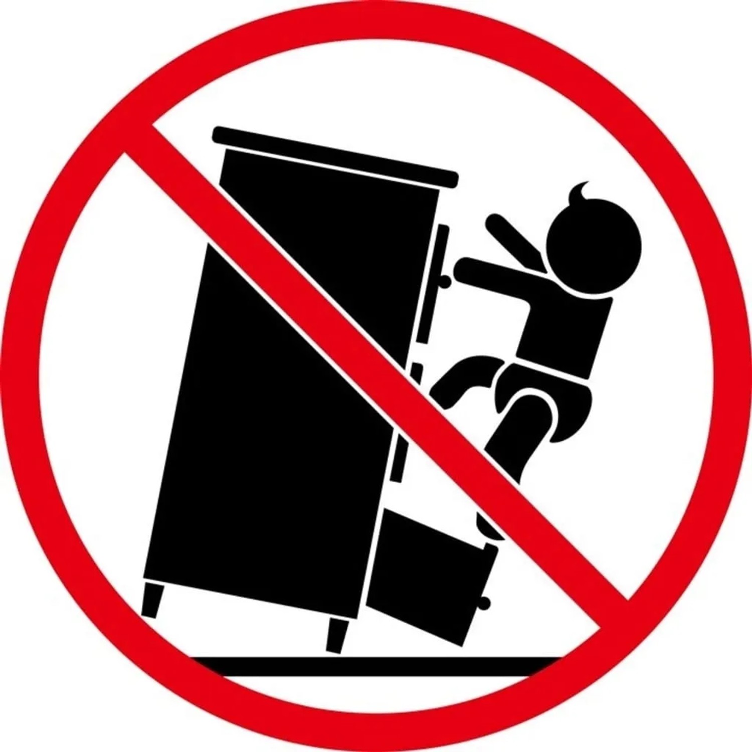 Symbol: Kind klettert auf weißen Schuhschrank, Umkippen verboten. Wandbefestigung nutzen!