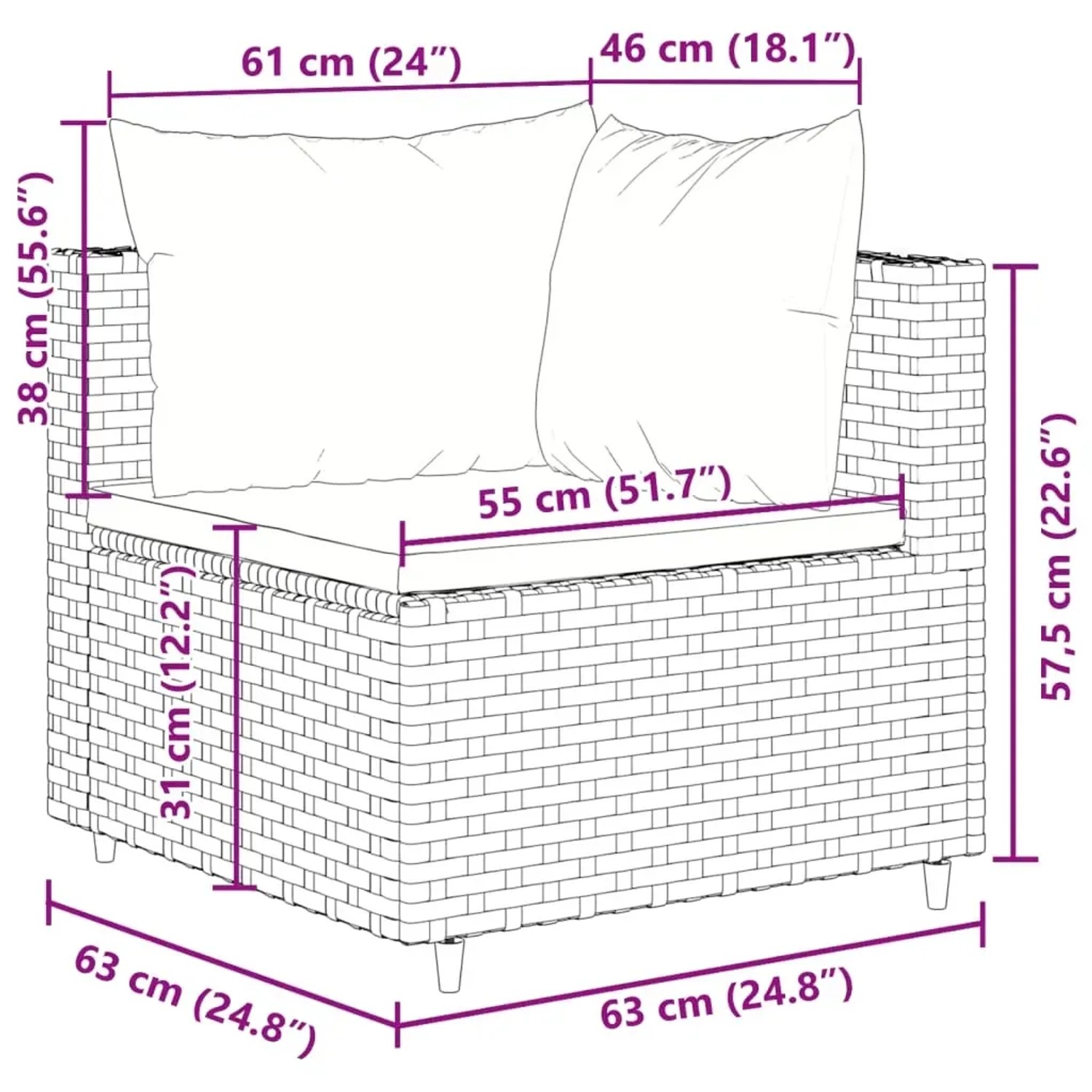 Detailansicht vidaXL Garten-Lounge-Set, schwarzes Poly Rattan, Maße eingezeichnet.