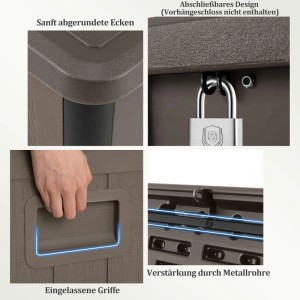 Details der Costway Gartenbox 378 L: Abgerundete Ecken, abschließbarer Deckel, eingelassene Griffe, Metallrohrverstärkung.