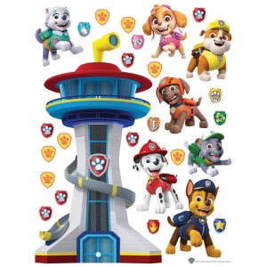 Sanders Wandtattoo Paw Patrol mit Turm und Hunde-Motiven in Blau, Rot und Gelb, 65x85cm.