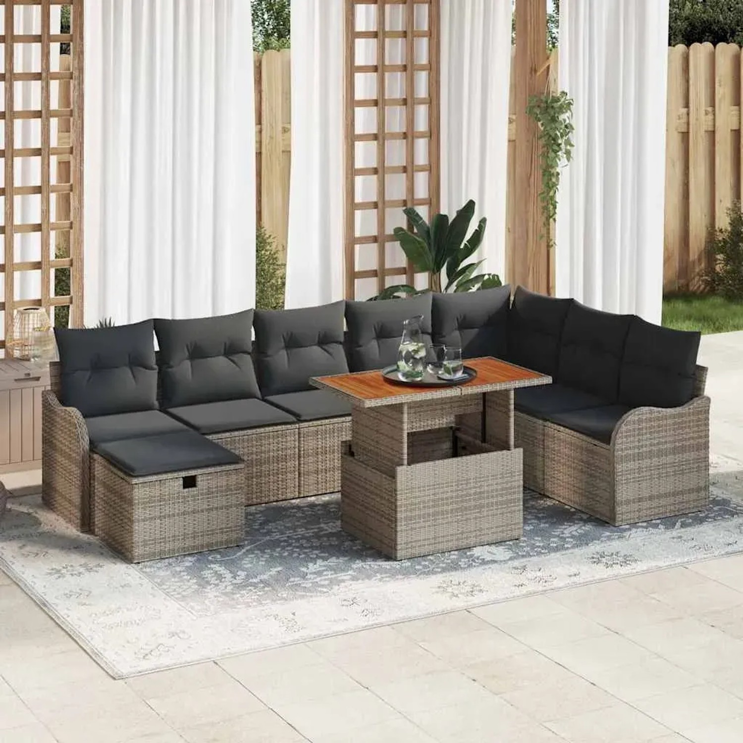 Graues 9-teiliges vidaXL Garten-Sofa-Set aus Rattan mit Kissen und Stauraum.