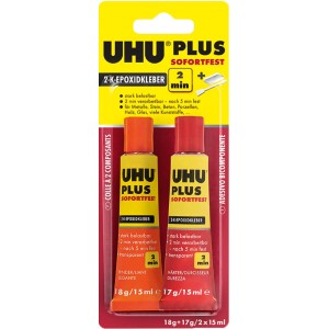 Uhu Plus Sofortfest 2-K-Epoxidkleber, transparent, 2 Tuben im Blisterpack.