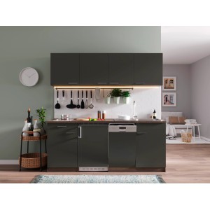 Respekta Singleküche KB195EYGC, 195cm, Grau-Eiche York Dekor mit Glaskeramikkochfeld.