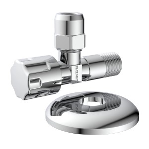 Verchromtes Kirchhoff Eckventil mit Rosette, 16,7 mm (3/8AG) Anschlüssen und 10 mm Quetschanschluss.