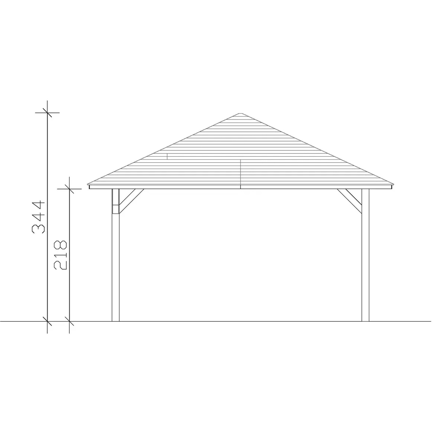 Technische Zeichnung: Skan Holz Pavillon Cannes 4, naturbelassen, 489x489 cm, Seitenansicht mit Höhenangaben.