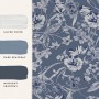 Laura Ashley Vliestapete Summerhill Midnight Blue mit Blumenmuster und Farbbeispielen.