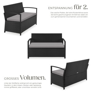 Tectake Rattan Gartenbank Vecchia 2 Sitzer  Wetterfest Großzügiger Stauraum  56 x 128 x 77 5 cm Schwarz