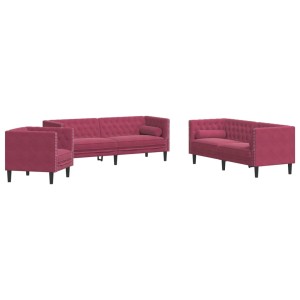 vidaXL Chesterfield Sofa Set, 3-teilig, Weinrot Samt mit Nackenrollen.