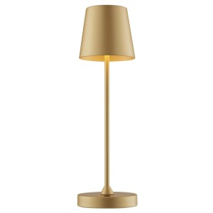 Mattgoldene LED-Tischleuchte Elora, kabellos, dimmbar, schlankes Design, warmweißes Licht für innen & außen.