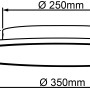 Skizze: Weißes, rundes LED-Panel Buffi, Ø 35cm, mit Maßangaben für Deckenaufbau.