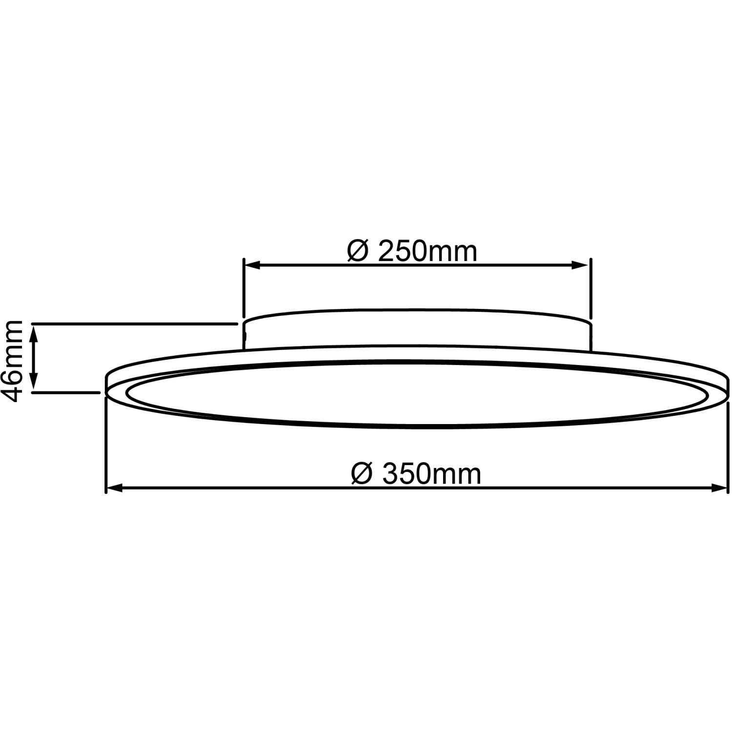 Skizze: Weißes, rundes LED-Panel Buffi, Ø 35cm, mit Maßangaben für Deckenaufbau.