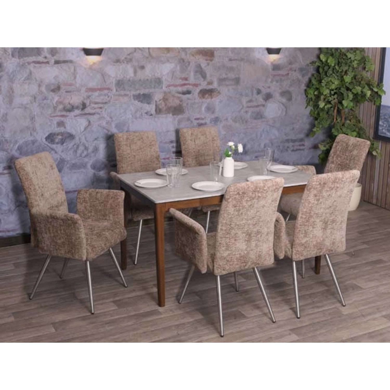 6er-Set: MCW Esszimmerstühle G55 mit Armlehne, brauner Chenille-Stoff, Edelstahlgestell.