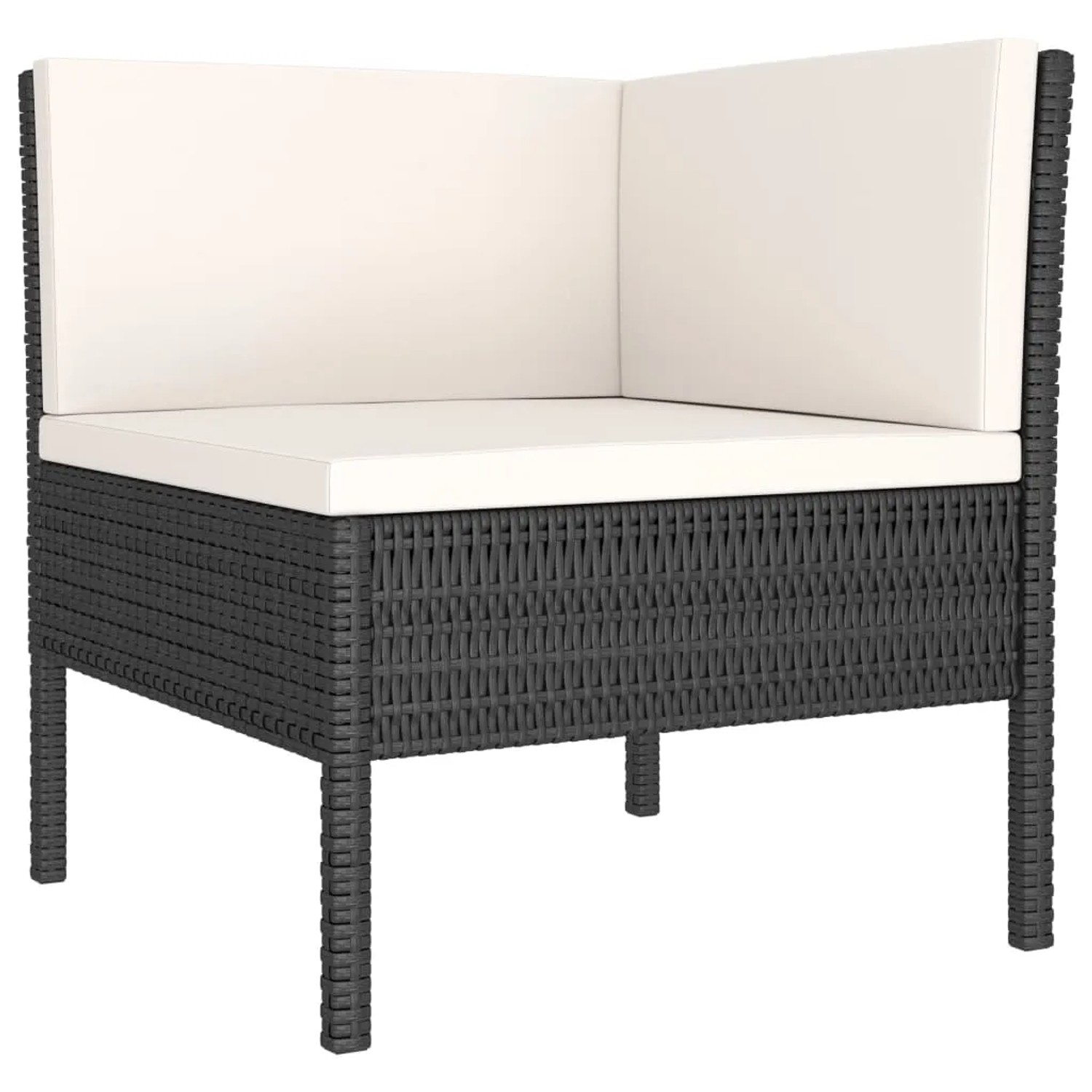 Schwarzes vidaXL Garten-Lounge-Eckelement aus Rattan mit cremeweißen Auflagen.