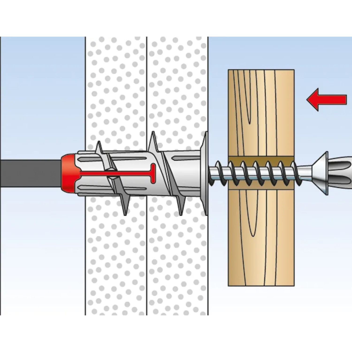 Illustration: Fischer Duoblade Gipskartondübel in der Anwendung mit Schraube in Wand und Holz.