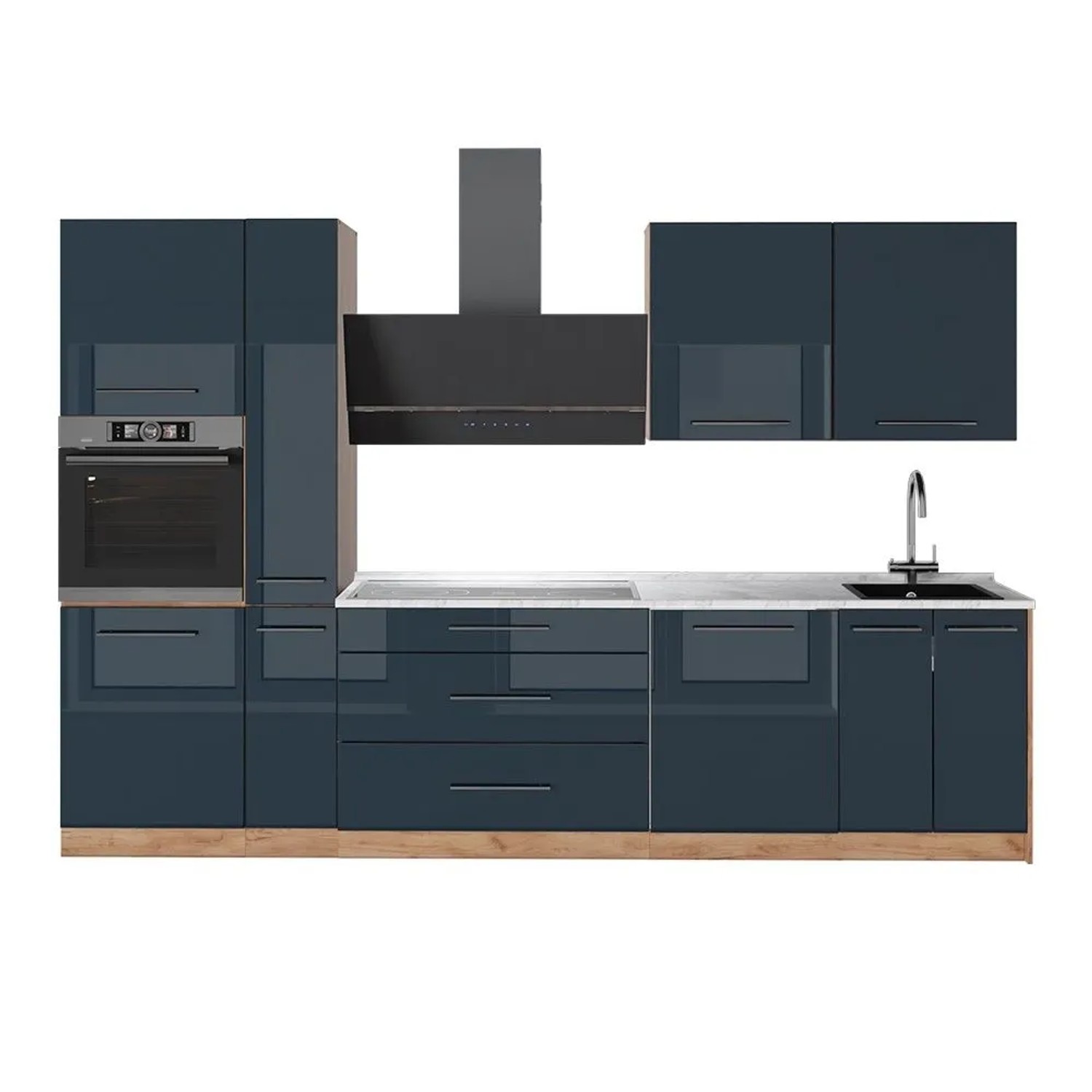 Vicco Küchenzeile Fame-Line Dunkelblau Hochglanz/Goldkraft Eiche 310 x 207 AP Marmor Art Nr 65745
