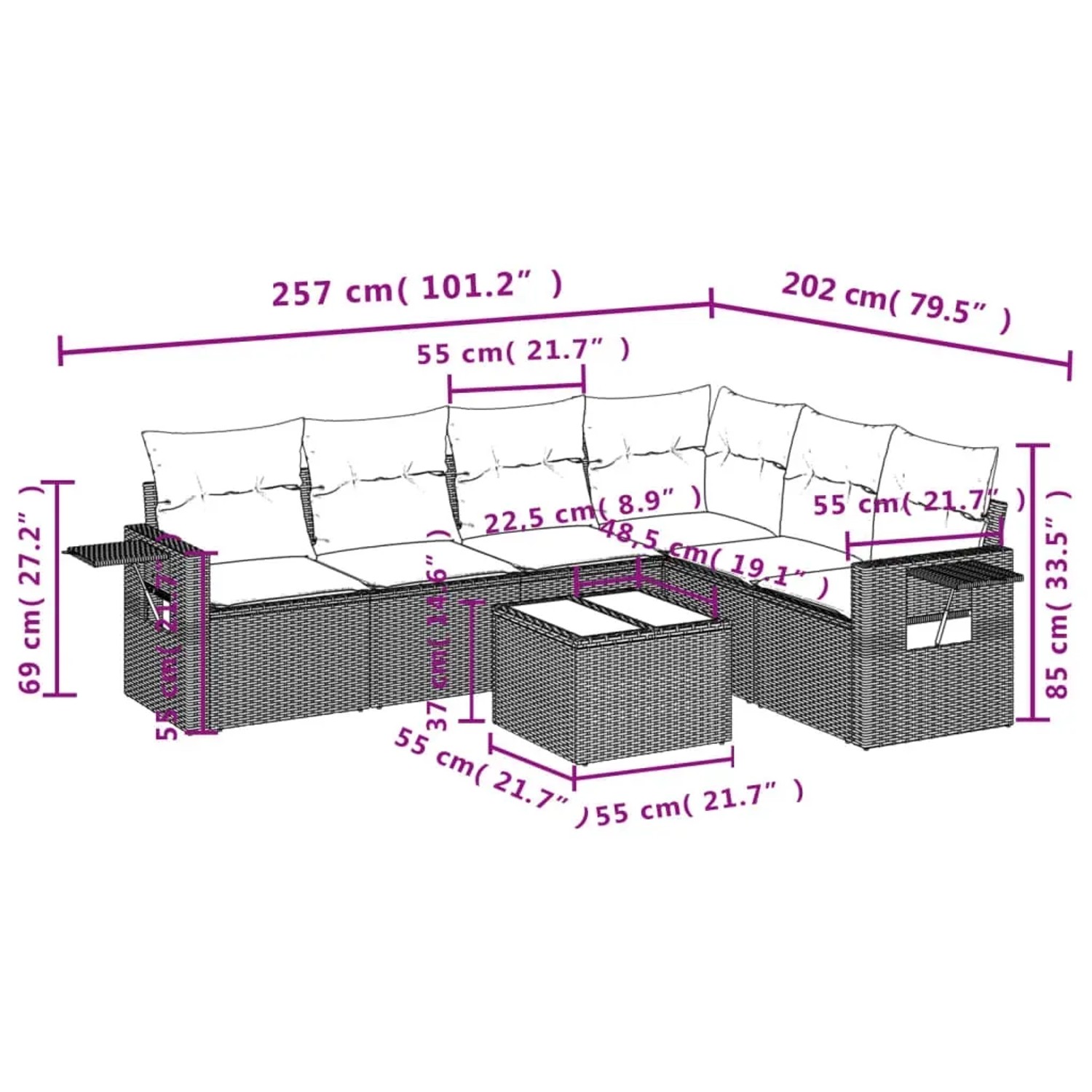Graue 7-tlg. vidaXL Garten-Sofagarnitur aus Polyrattan mit Tisch und Kissen.