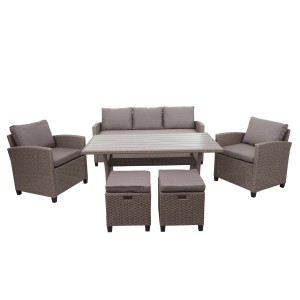 6-teilige Poly-Rattan Lounge-Garnitur in Grau-Braun mit Sofa, Tisch, Sesseln und Hockern.