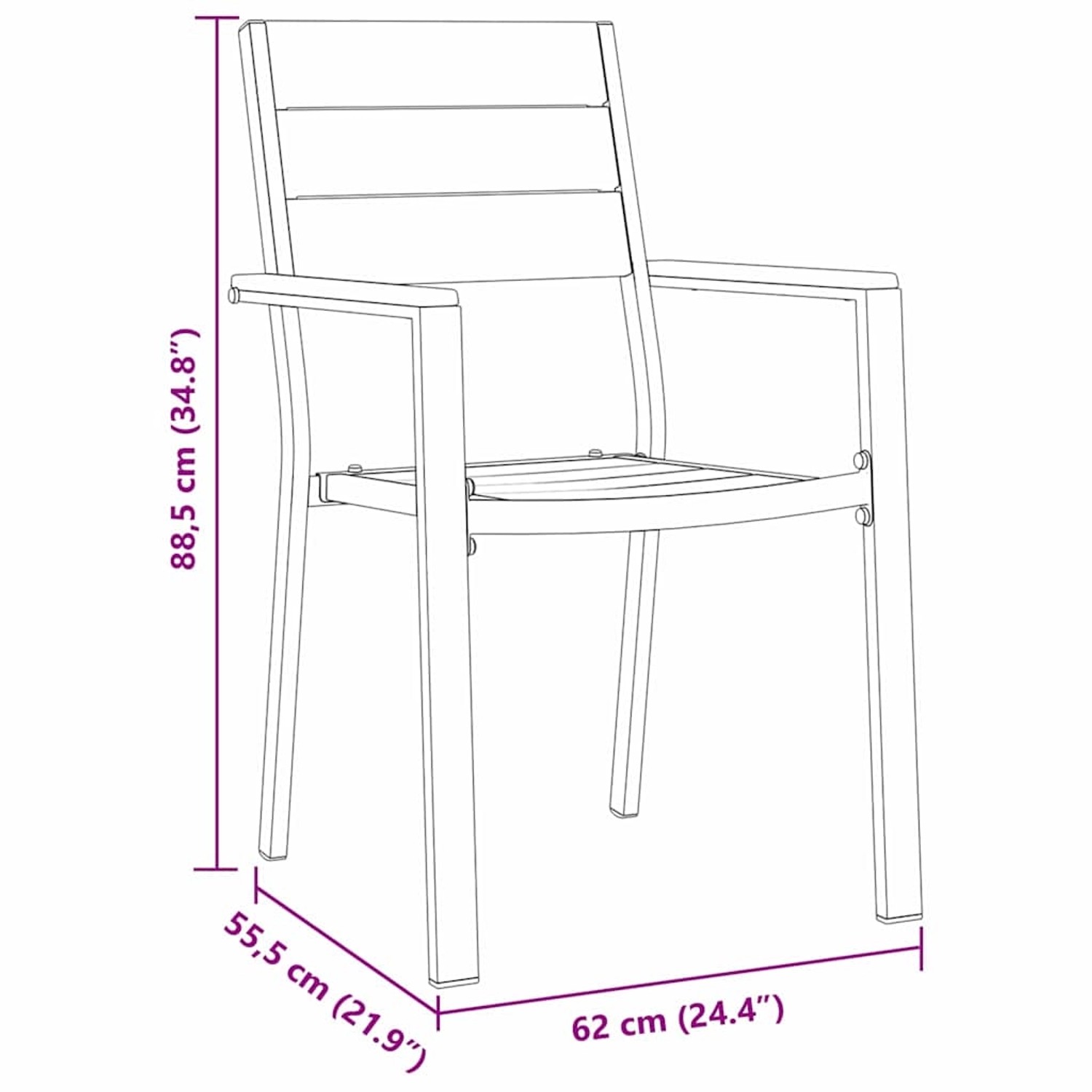 Skizze eines schwarzen Gartenstuhls aus HDPE mit Maßangaben für Gartenmöbel.