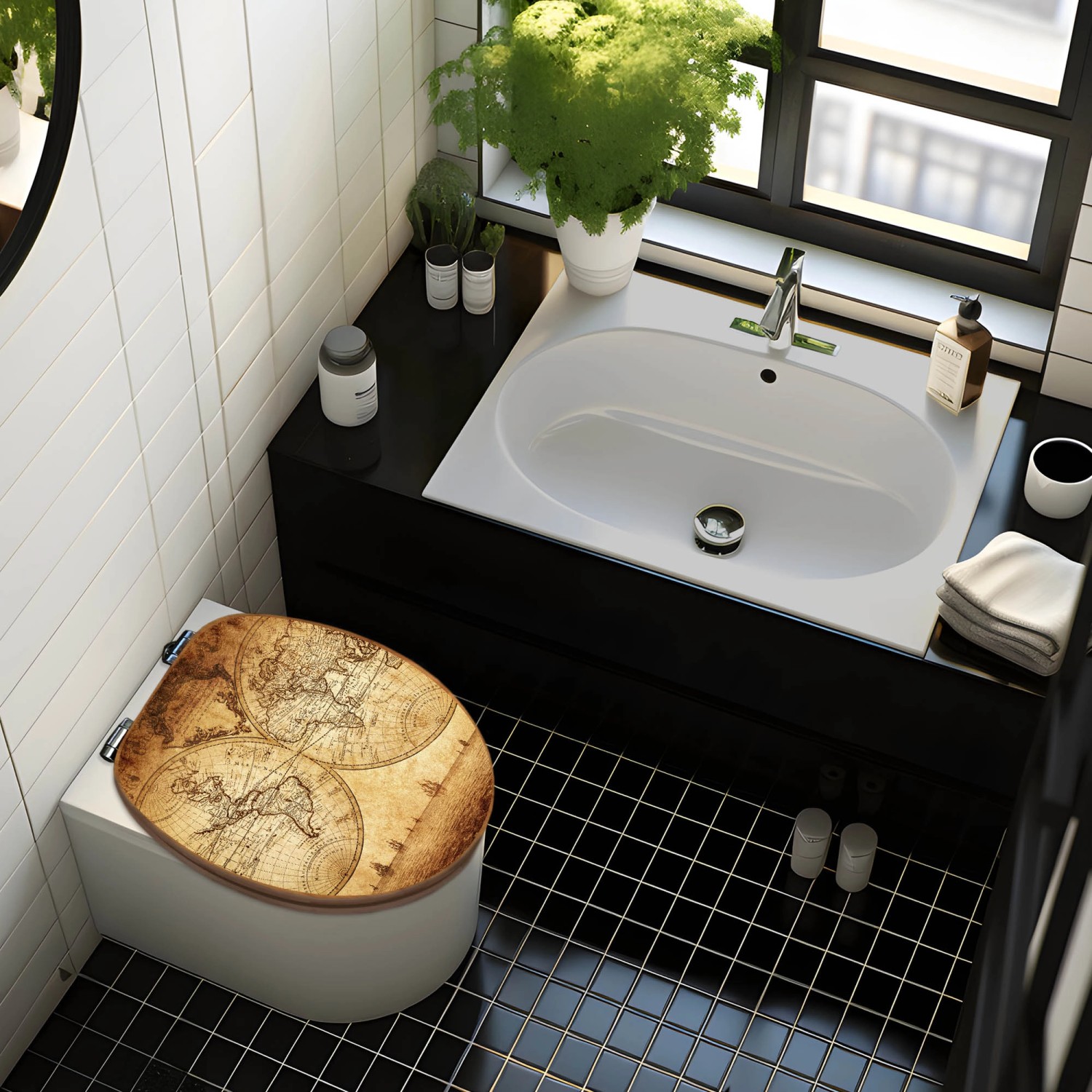 Banjado WC-Sitz aus Bambus mit Weltkarten-Motiv auf einer Toilette im Badezimmer.