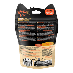 Lucky Lou Katzen-Trockenfutter Huhn Cubes, 80g Packung. Leckerli für Katzen.