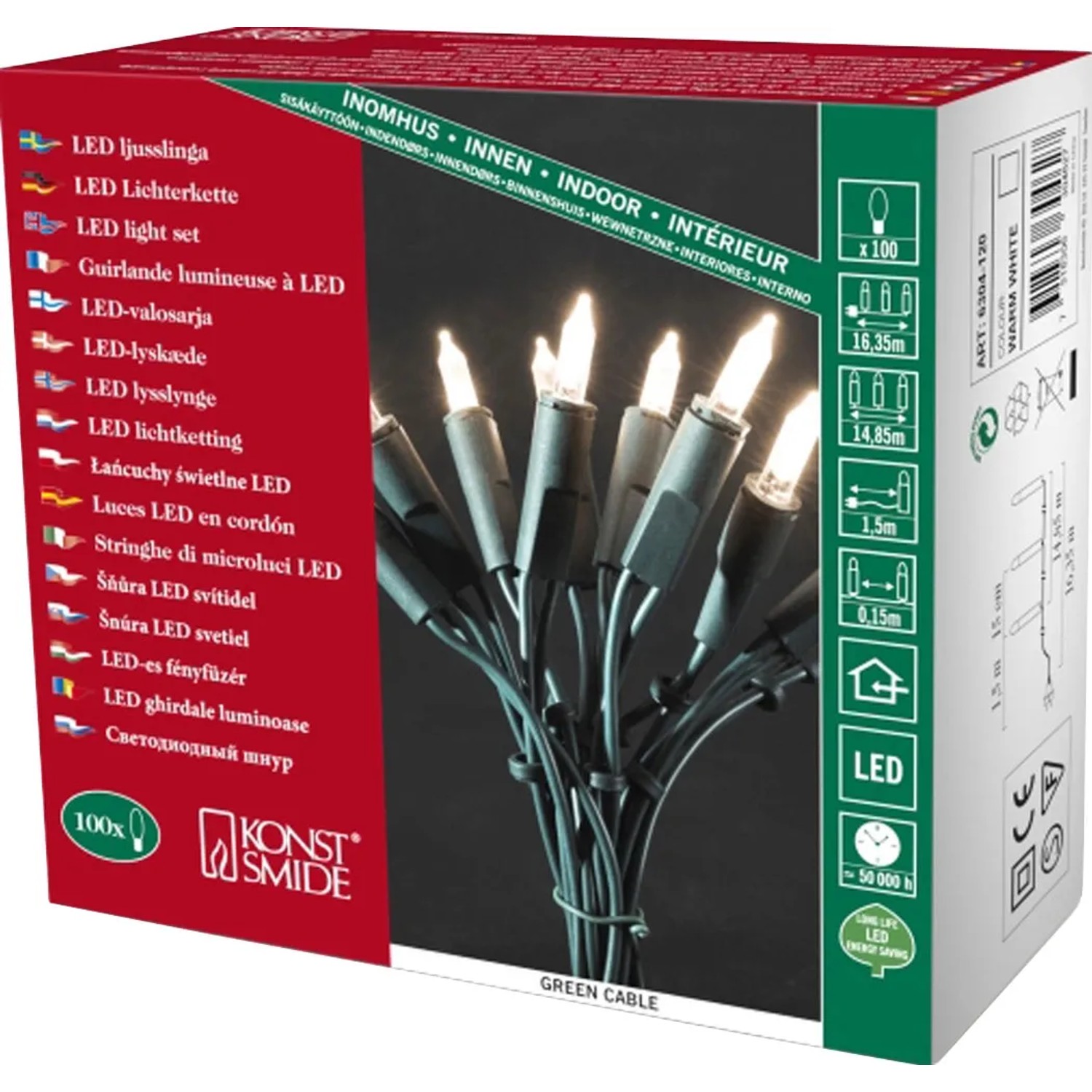 Konstsmide Mini LED Lichterkette für Innen, 100 warmweiße LEDs, grüne Kabel.