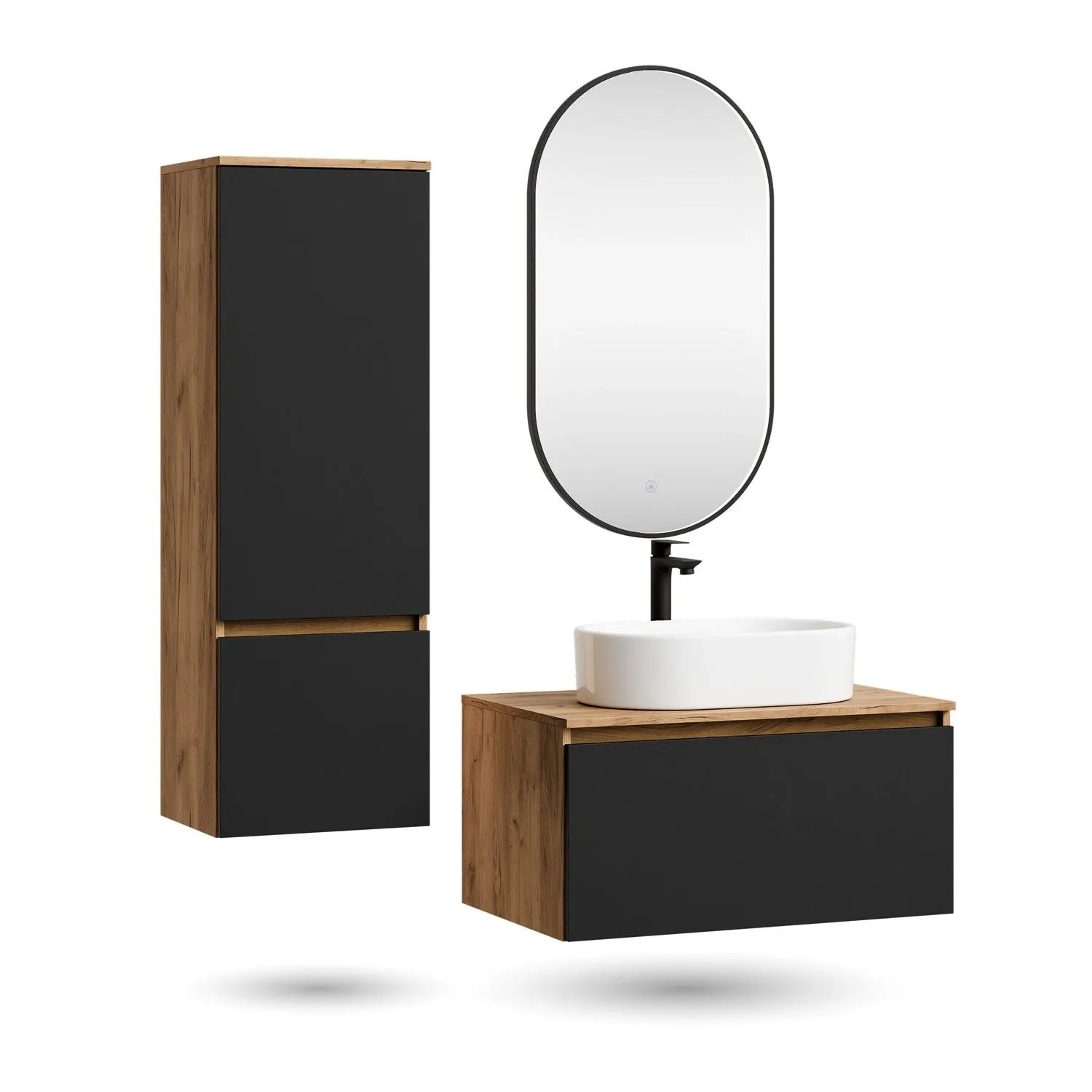 Planetmöbel ARISA Badmöbel Set 80 cm Schwarz mit Hochschrank Glora LED Spiegel Dimmbar und Keramik Aufsatzwaschbecken 55 cm Weiß