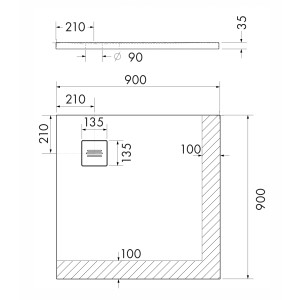 Technische Zeichnung Ottofond Duschwanne Nevis, quadratisch, 90x90 cm, Maße und Ablaufposition.