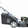 LUX-TOOLS Benzin-Rasenmäher B-RM-51-A B: Rasenmäher mit Fangkorb und blauem Gestell.