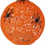 Orangefarbene Papier Deko Kugel (15cm) mit Spinnen und LED-Lichtern für Halloween.