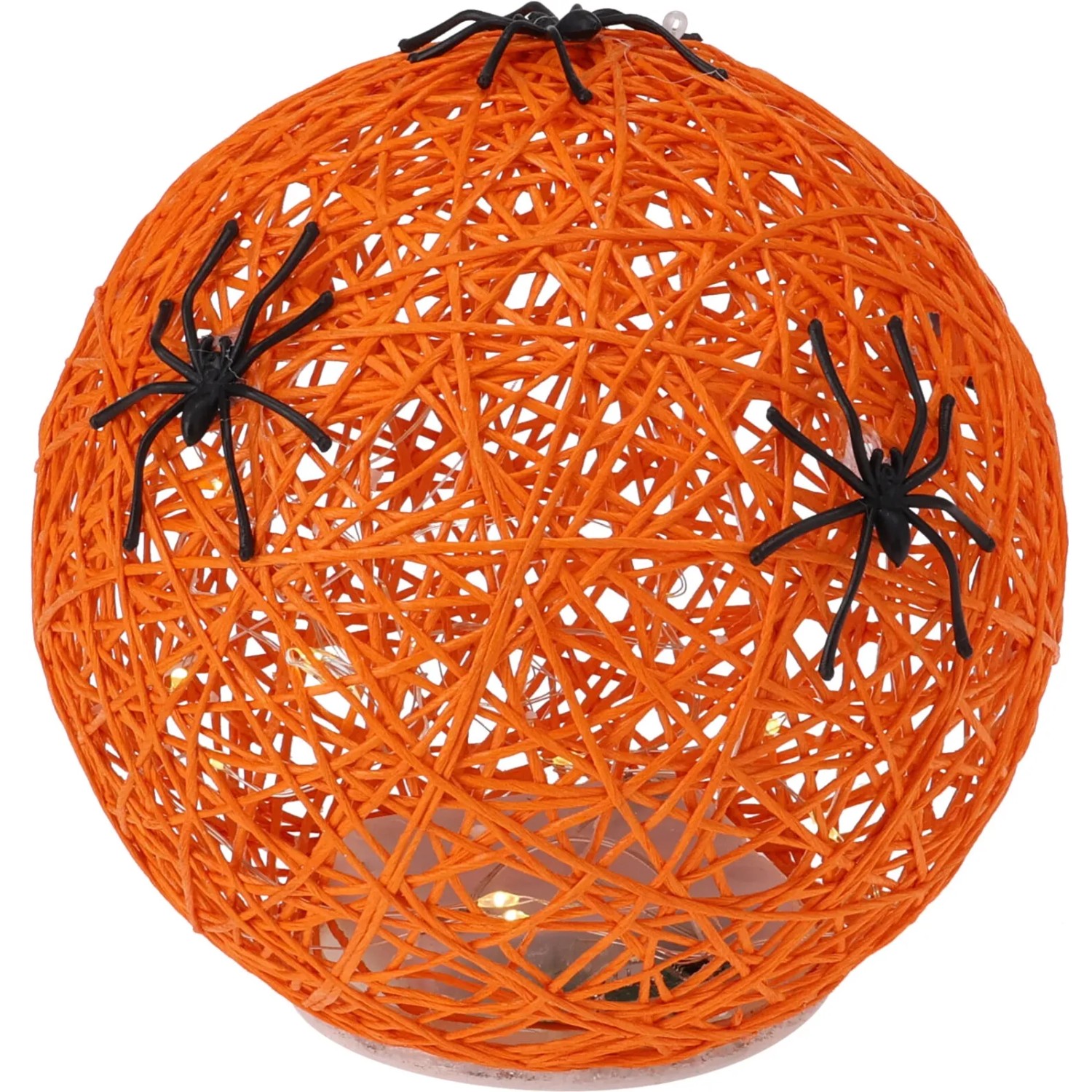 Orangefarbene Papier Deko Kugel (15cm) mit Spinnen und LED-Lichtern für Halloween.