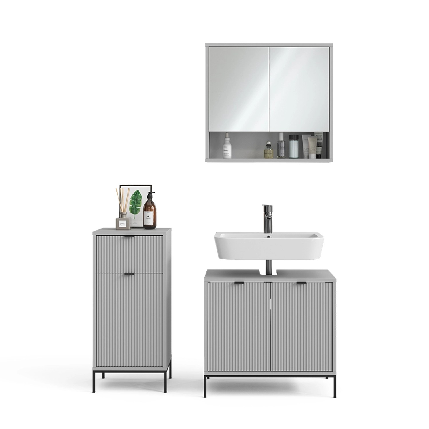 Vicco Badmöbel-Set Eliza Grau, 3-teilig: Spiegelschrank, Waschbeckenunterschrank und Midischrank.