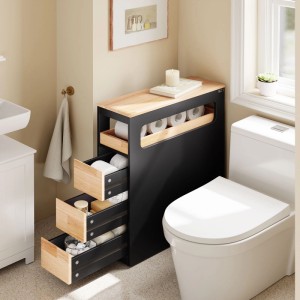 SoBuy Badschrank BZR54-II-SCH, schmaler Nischenschrank mit 3 Schubladen und Rollen, schwarz.