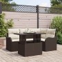 Braunes 5-teiliges vidaXL Garten-Sofa-Set aus Poly Rattan mit Tisch und Kissen für Garten und Terrasse.