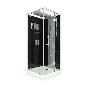 AquaVapore Komplettdusche 90x90 cm mit schwarzer Rückwand, Regendusche und Massagedüsen.
