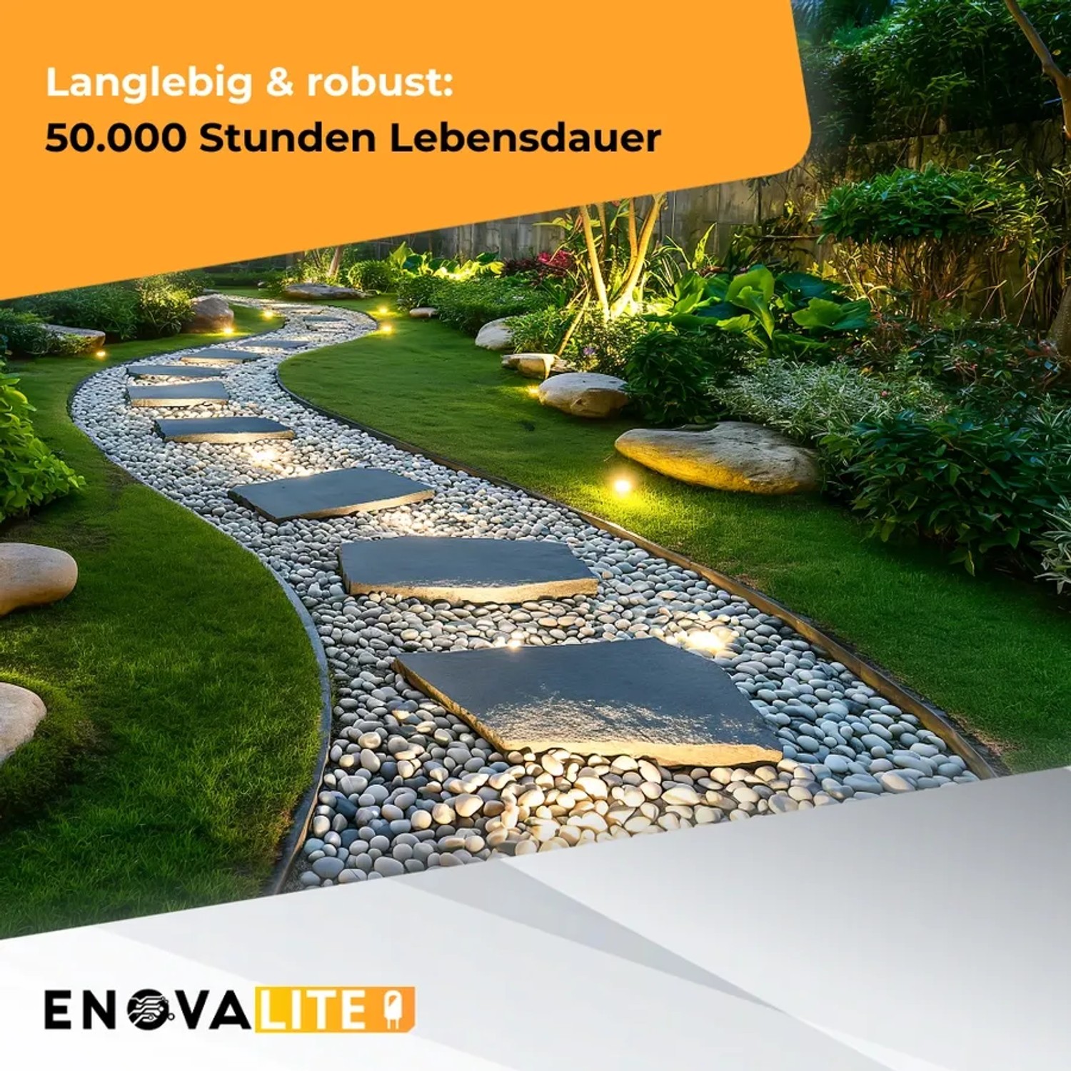 ENOVALITE LED Gartenstrahler 6er Set beleuchtet Gartenweg mit Steinplatten und Kies.