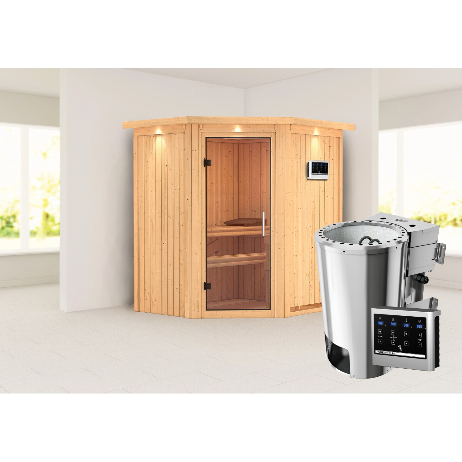 Karibu Sauna Thora mit Bio-Ofen externe Stg.Easy LED-Dachkranz Natur