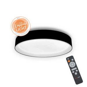 Schwarze, runde LED-Deckenleuchte MegaLight Shining Arctica 40 mit weißem Diffusor und Fernbedienung. Dimmbar, Farbtemperatur einstellbar.
