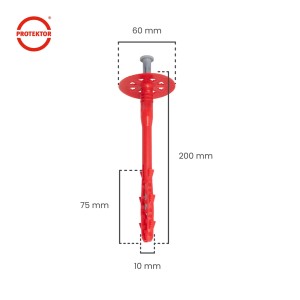 Protektor Dämmstoffdübel, 10x200mm, mit Stahlnagel für WDVS. Rot, mit Teller.