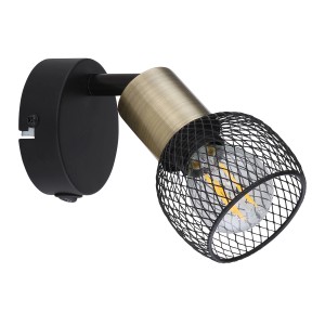 Schwarzer Globo Wandstrahler Fiastra mit Metallsieb und Altmessing-Akzenten.