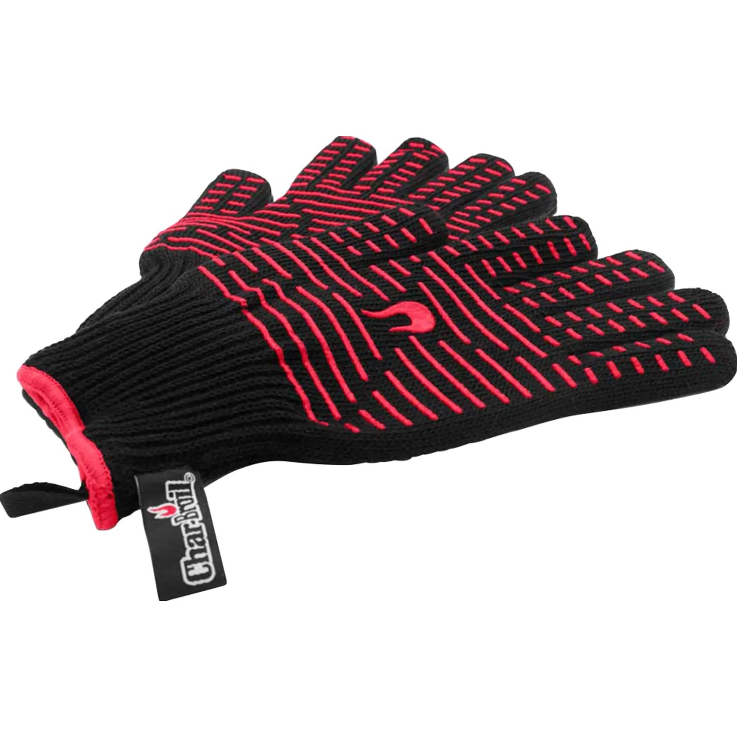 Char-Broil Grillhandschuhe, schwarz mit roten Streifen, hitzebeständig bis 220°C, für sicheres Grillen.